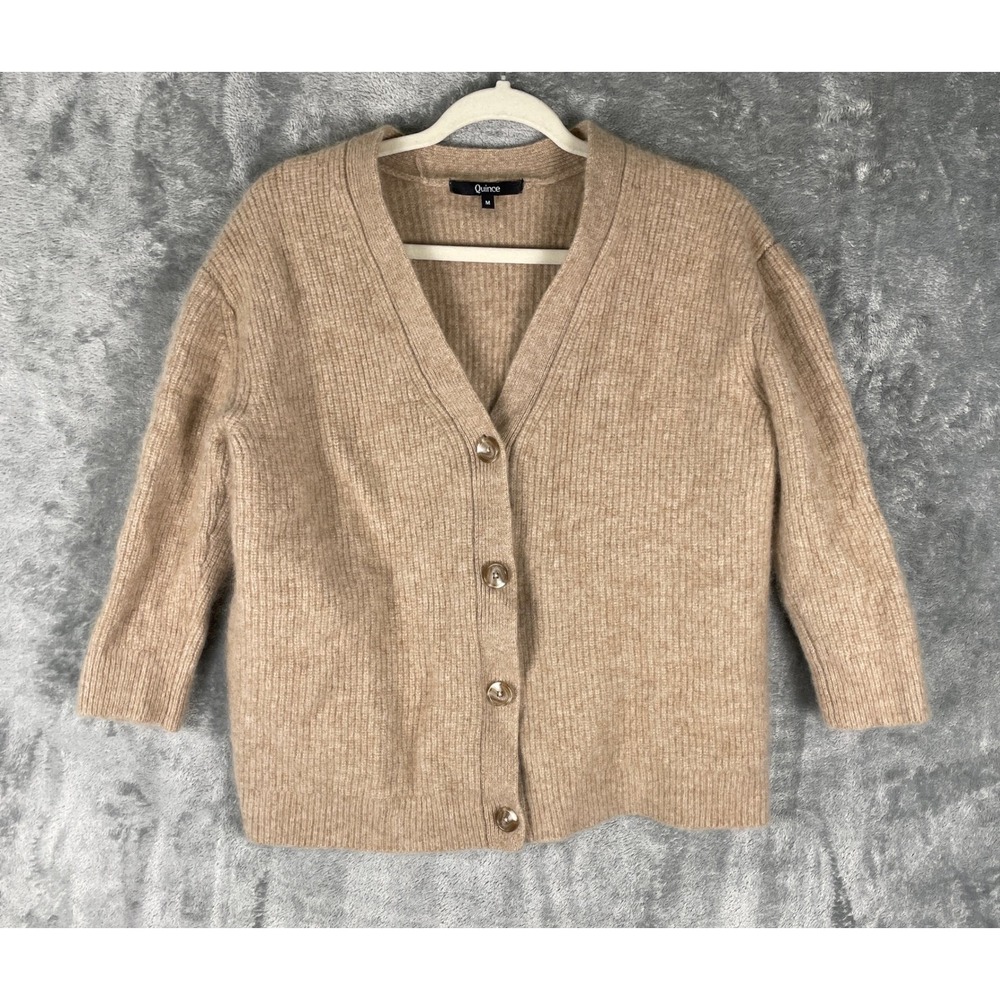 Quince Cardigan Women M Tan EUC 100% Cashmere Ribbed V-Neck 3/4 Sleeve Sweater